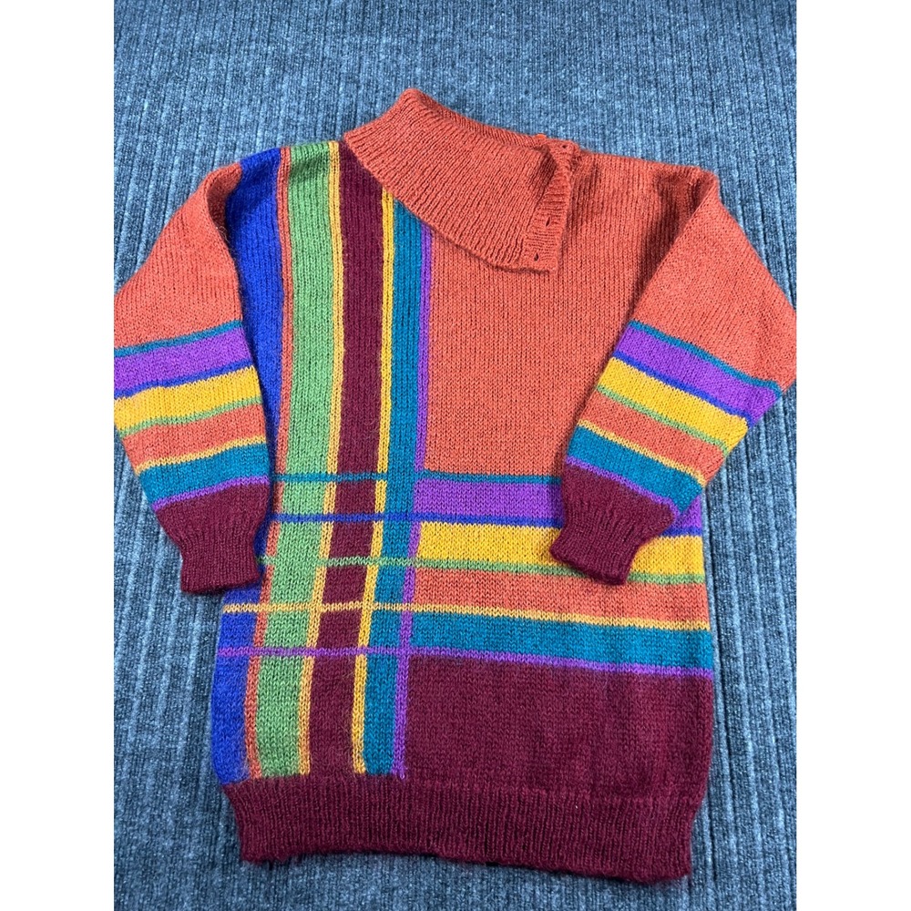 Vintage Hand Loomed Knitwear Sweater Women Medium Orange Blue Mohair Plaid Artsy